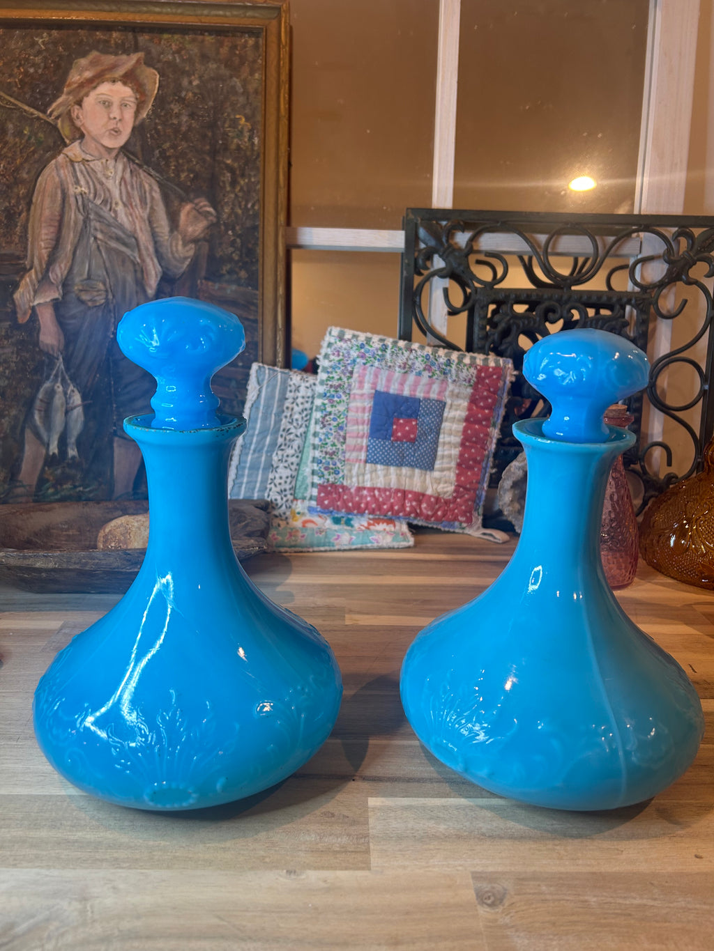 Blue Opaline Glass Decanters - Pair