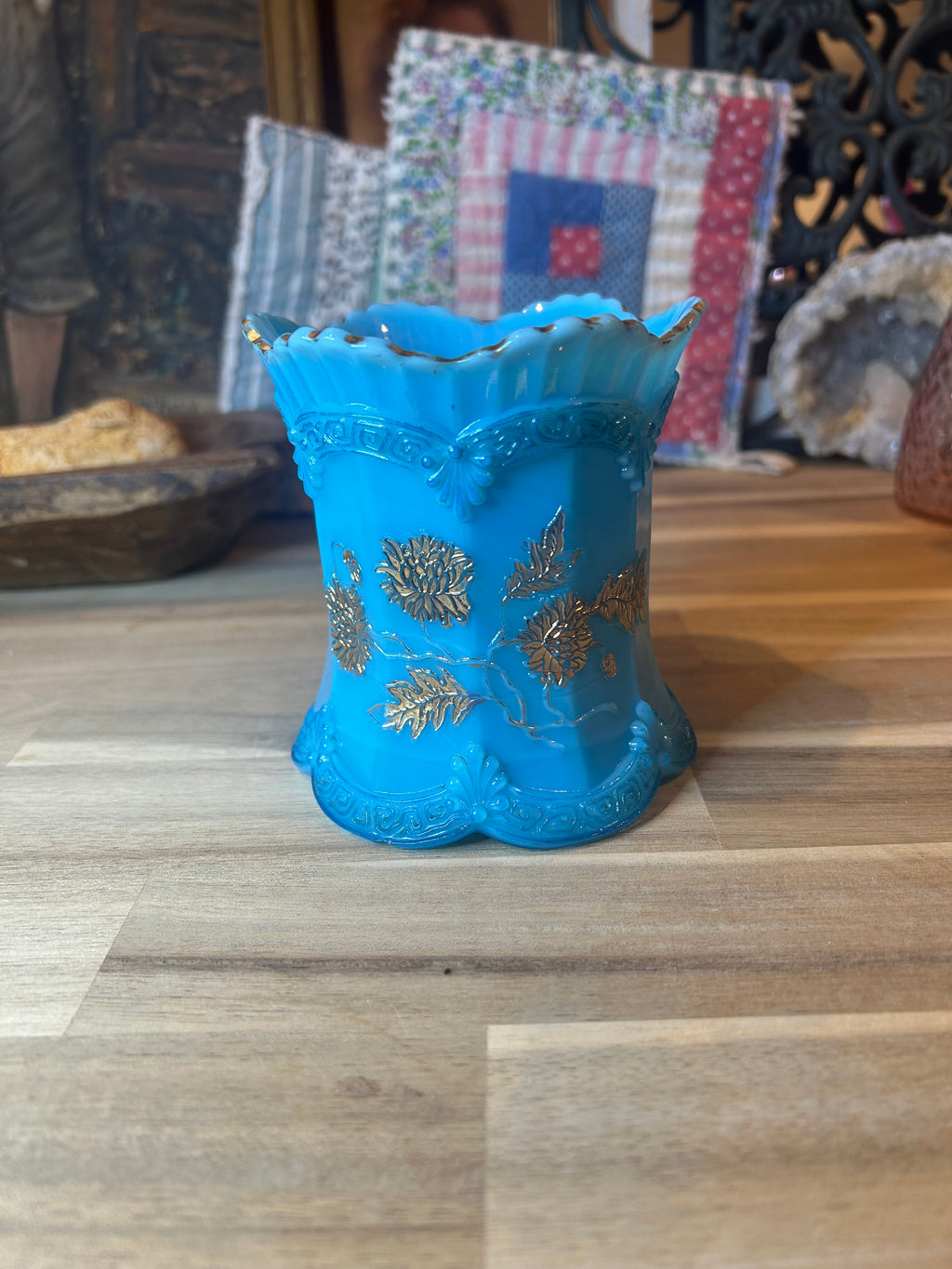 Northwood Blue Custard Glass Spooner with Gold Chrysanthemum Sprigs