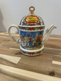 Sadler Merry Christmas Teapot Holly Winter Village Gold Trim 4" Tall 8" Wide