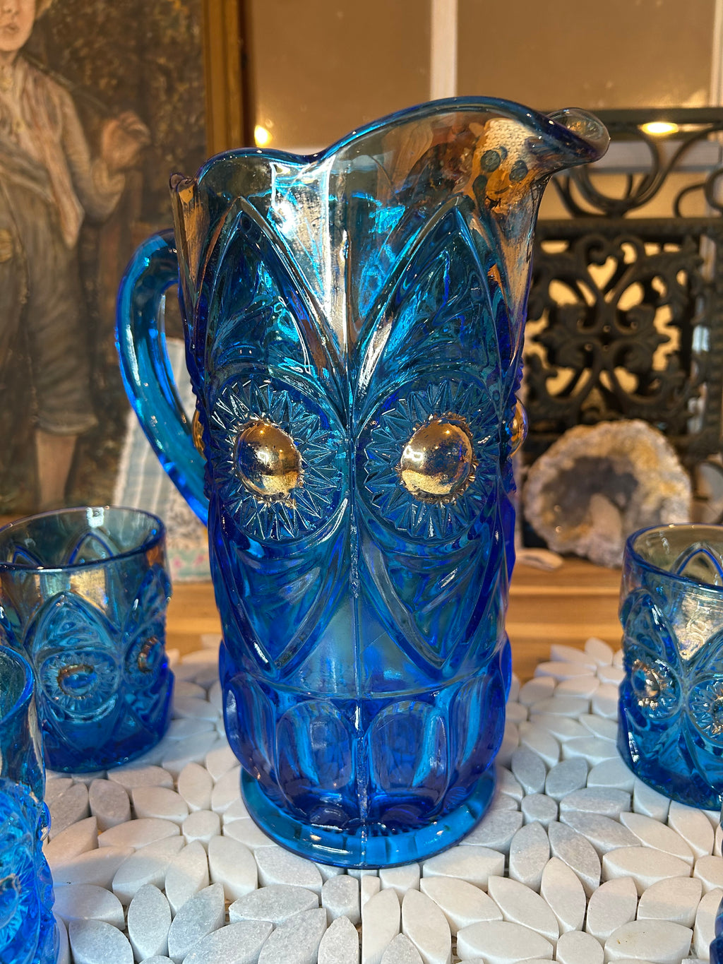Five-Piece EAPG Blue Glassware Set-Antique