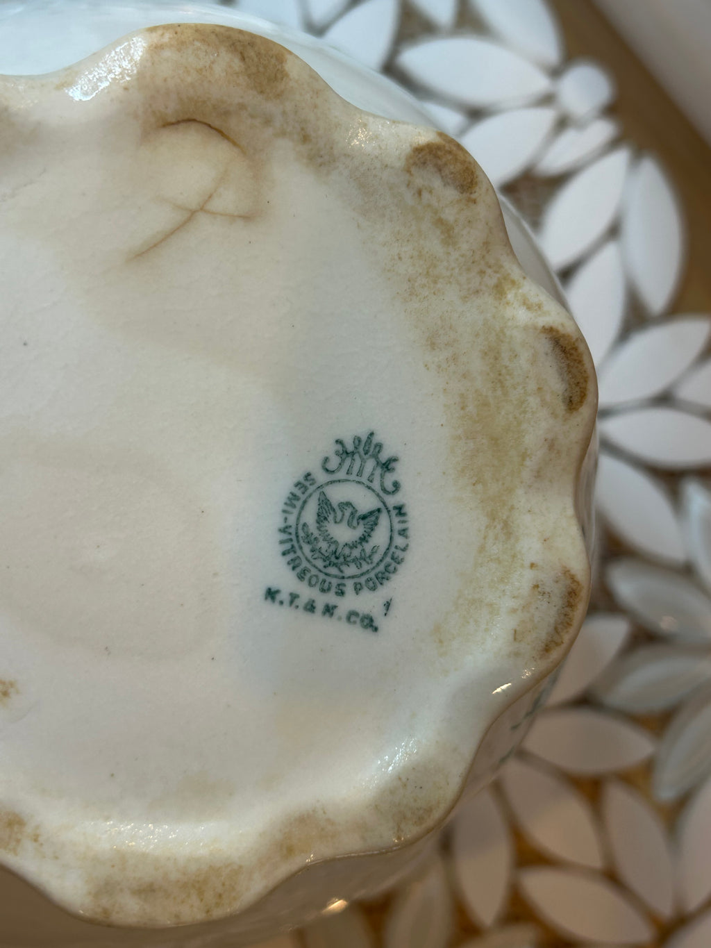White Porcelain Tureen Set and Creamer with green floral
transferware