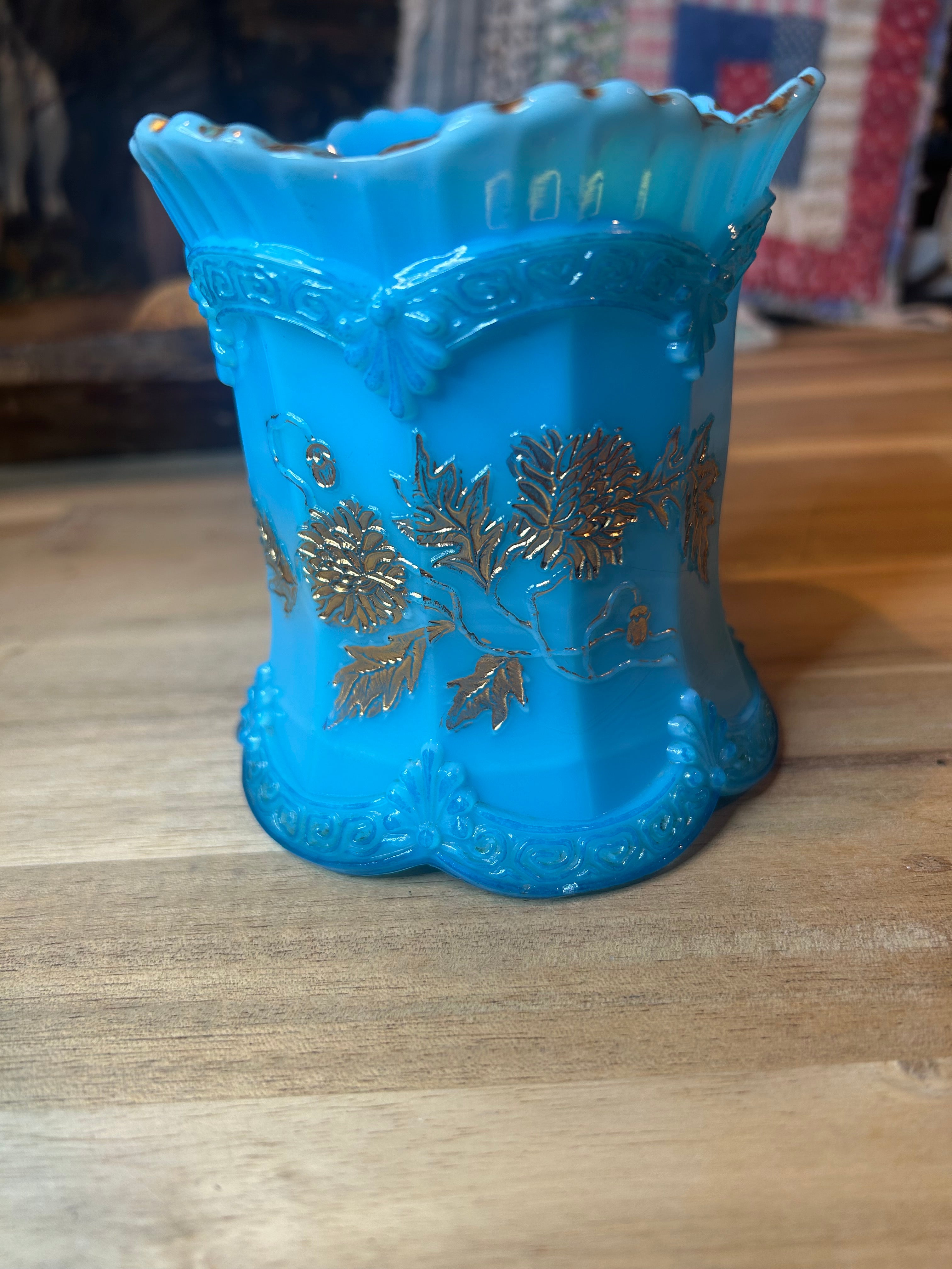 Northwood Blue Custard Glass Spooner with Gold Chrysanthemum Sprigs