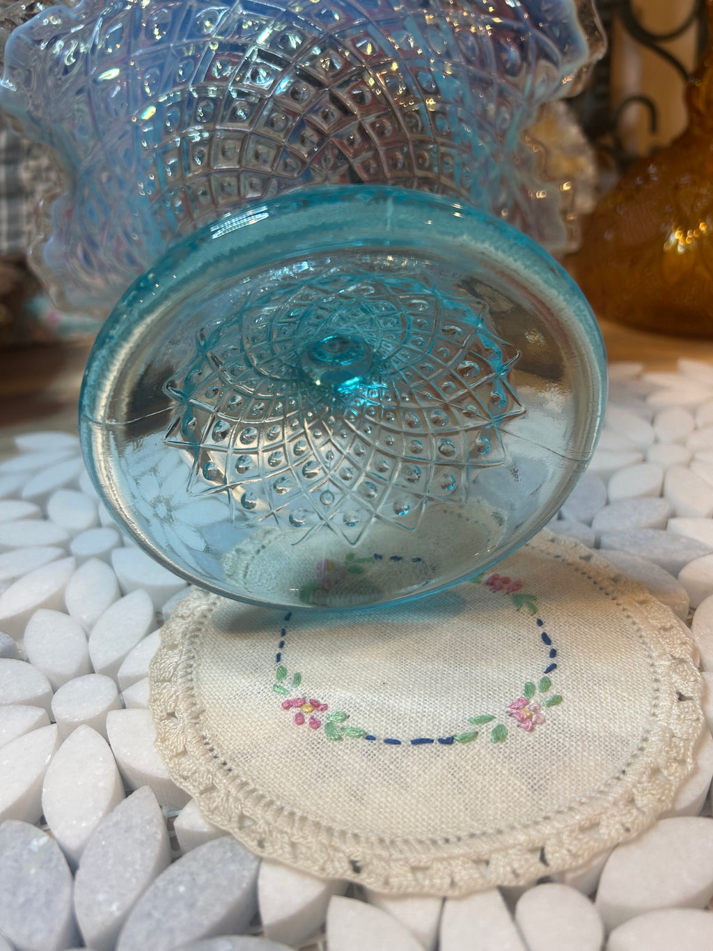 Fenton Diamond Lace Blue Opalescent Glass Compote