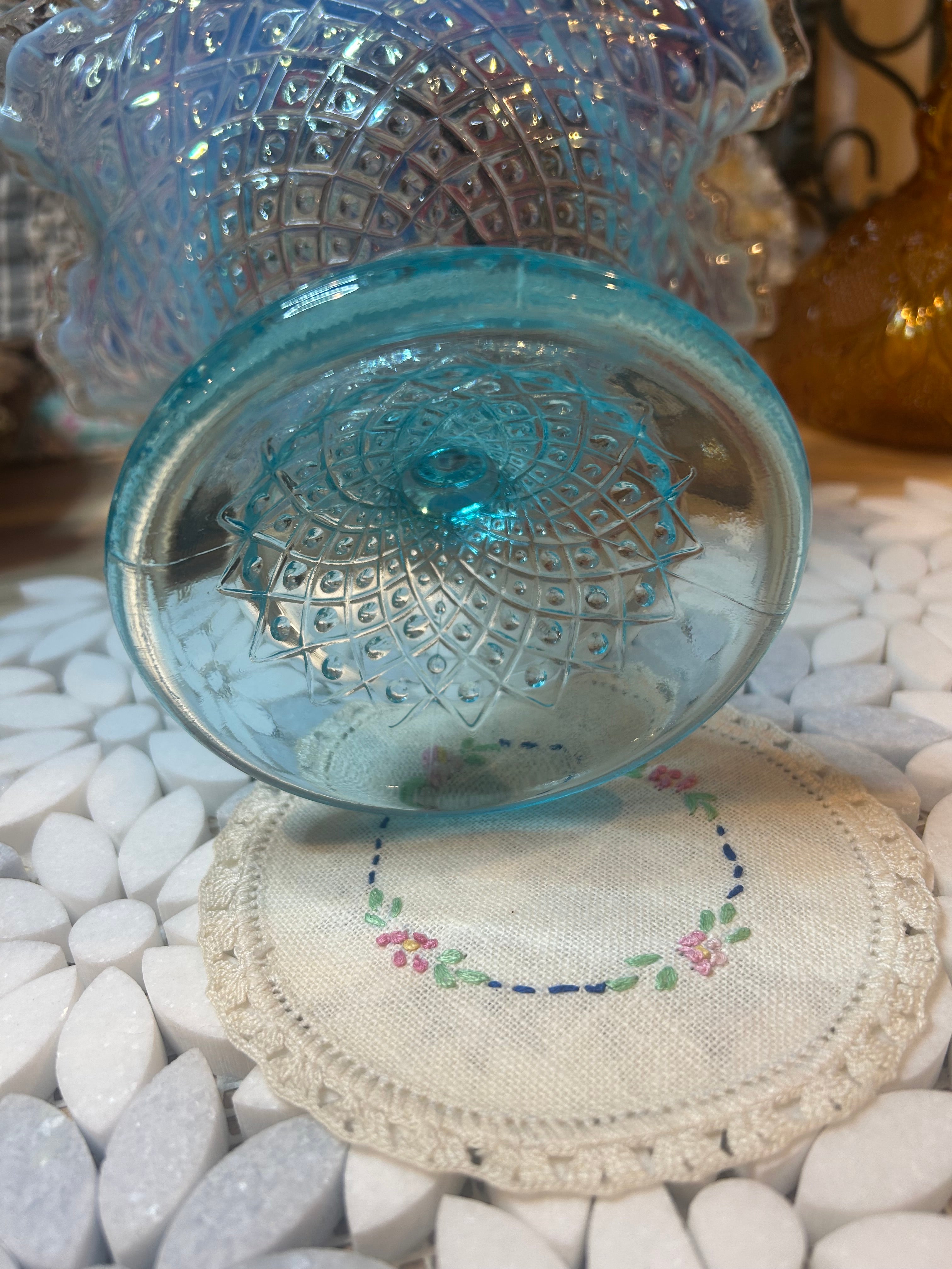Fenton Diamond Lace Blue Opalescent Glass Compote