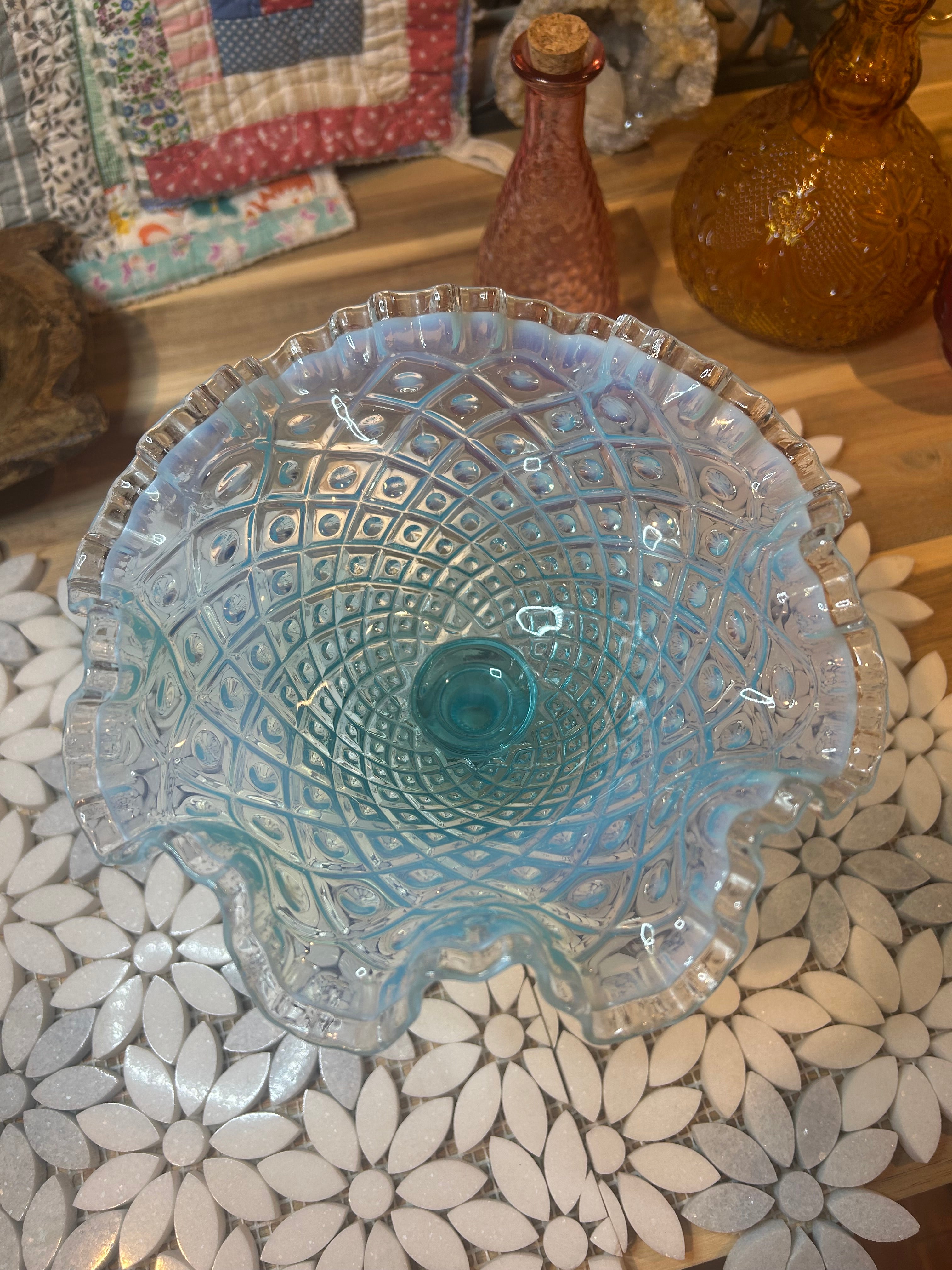 Fenton Diamond Lace Blue Opalescent Glass Compote