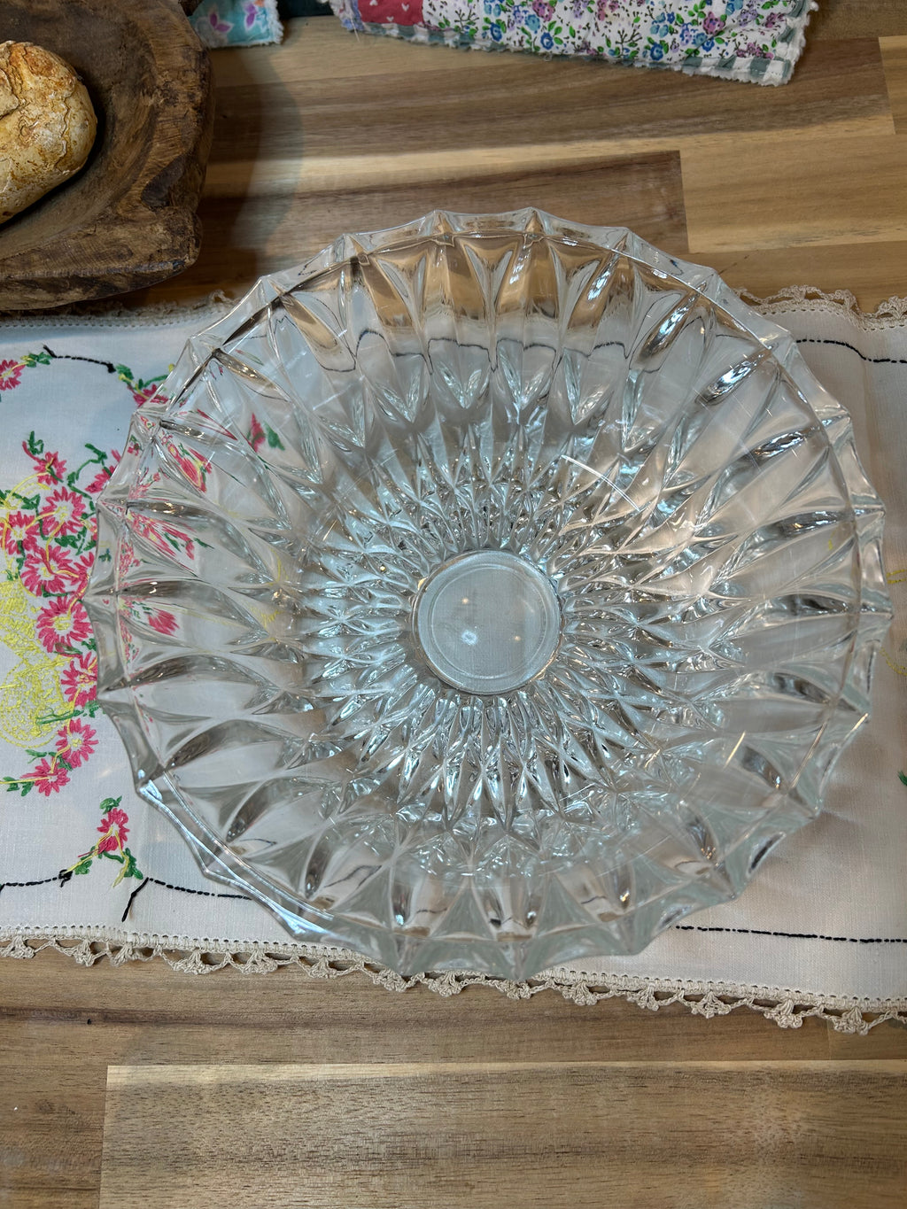 Diamond Cut Clear Glass Serving Bowl Vintage