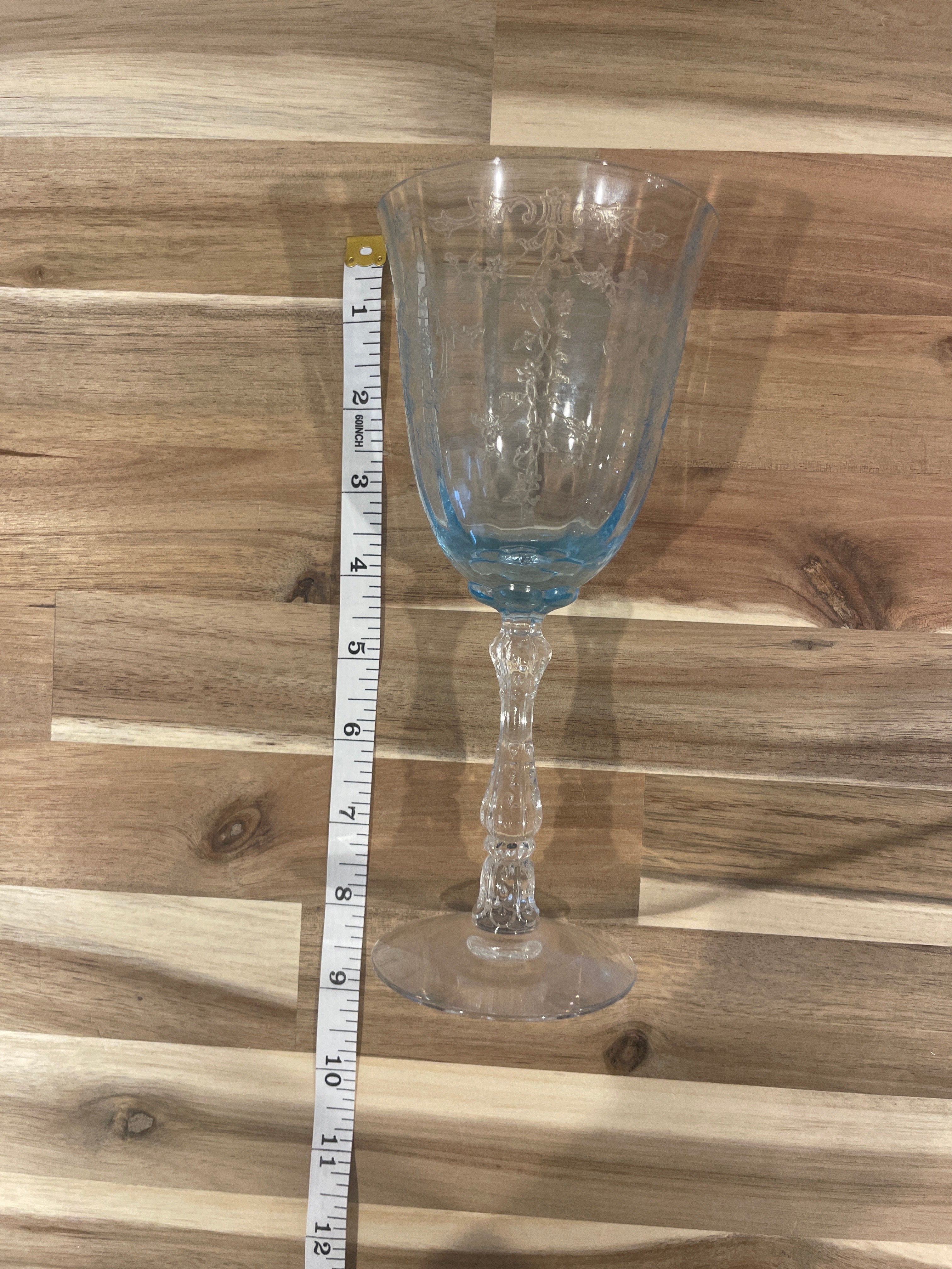 Set of 3 Fostoria Navarre Blue Water Goblet Etched Glass