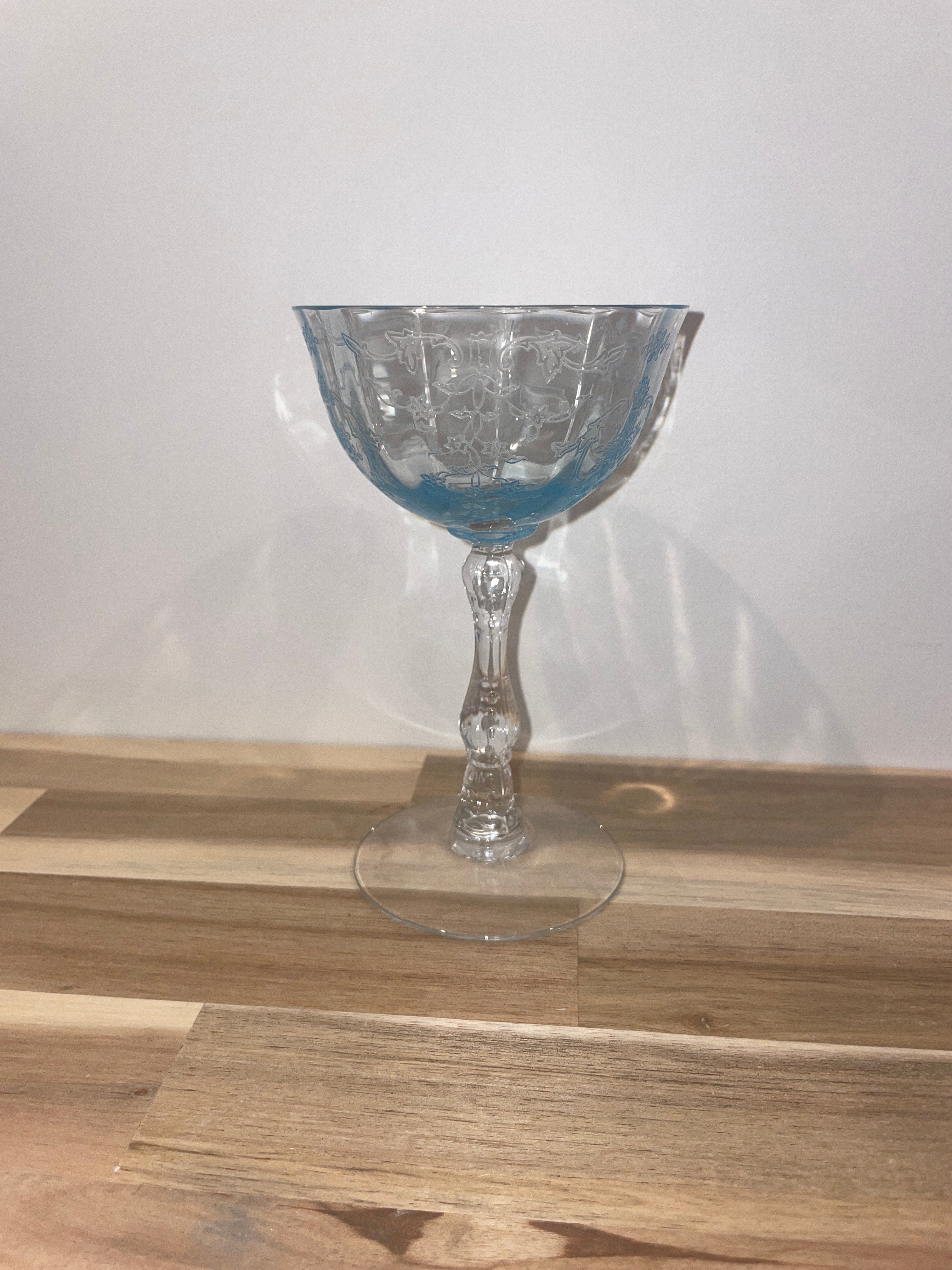 Vintage Set Of 2 Fostoria Navarre Blue Crystal Etched Sherbet / Champagne Glasses