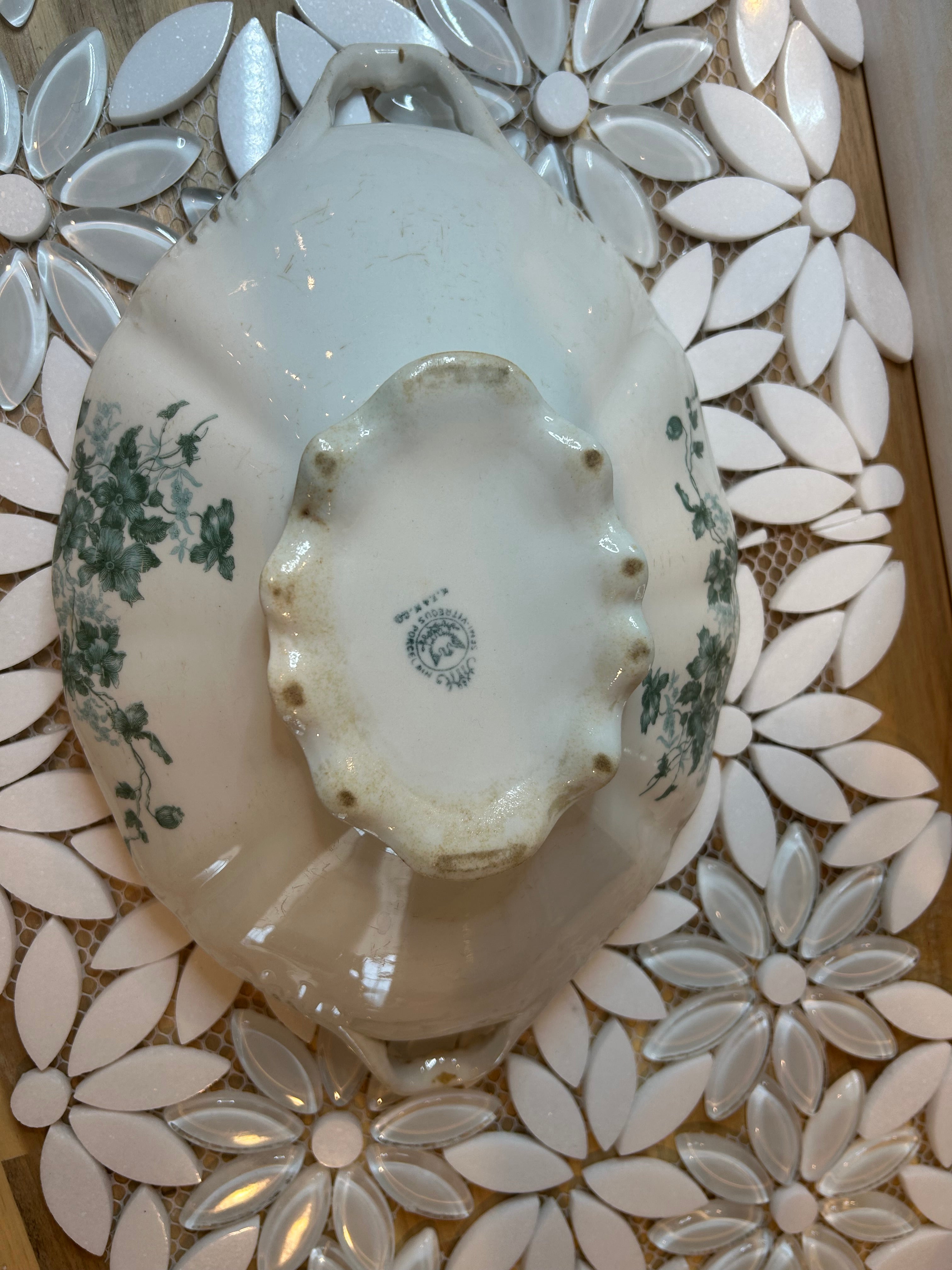 White Porcelain Tureen Set and Creamer with green floral
transferware