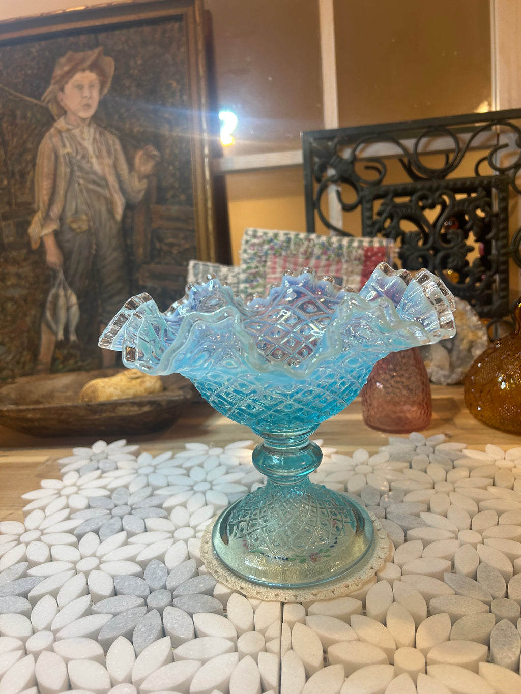 Fenton Diamond Lace Blue Opalescent Glass Compote