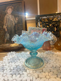Fenton Diamond Lace Blue Opalescent Glass Compote