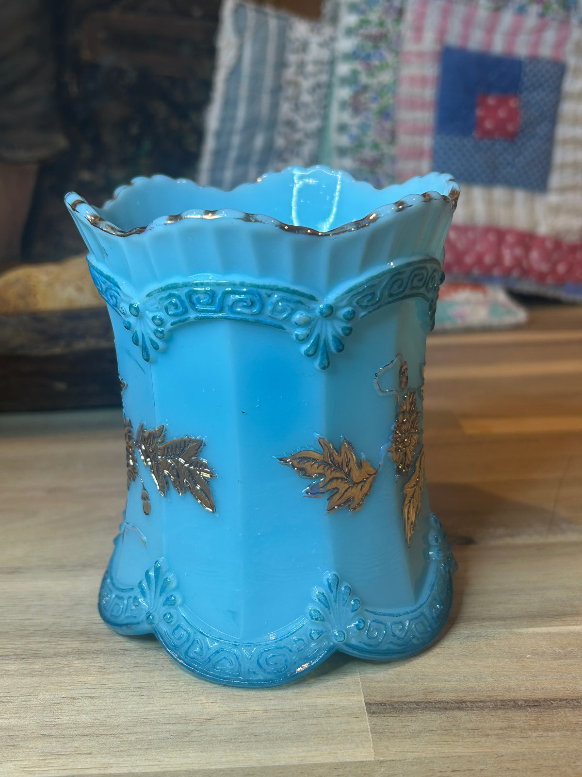 Northwood Blue Custard Glass Spooner with Gold Chrysanthemum Sprigs