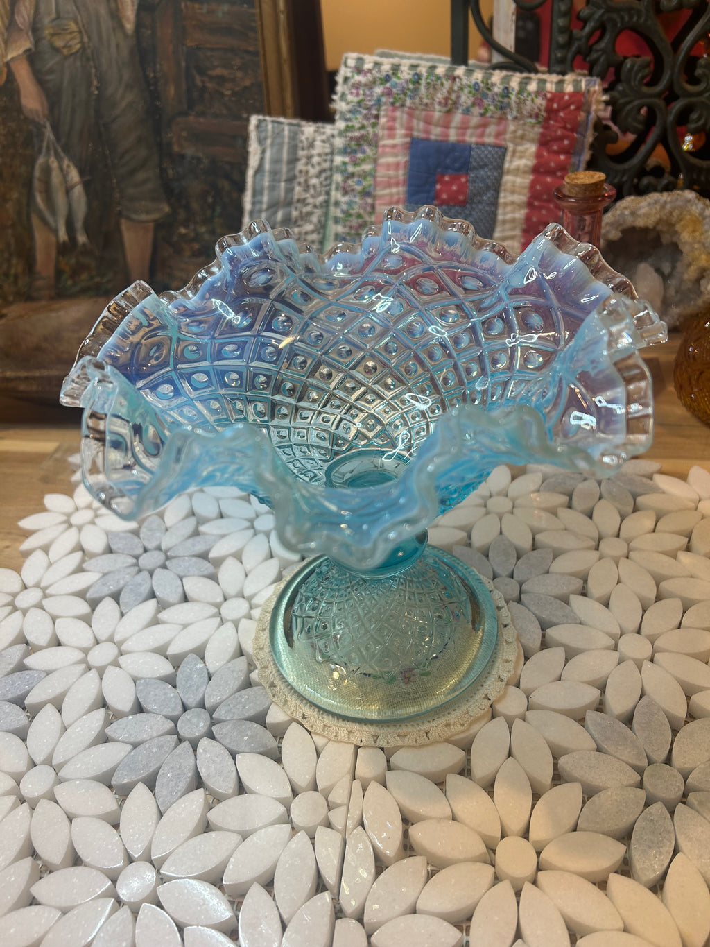 Fenton Diamond Lace Blue Opalescent Glass Compote