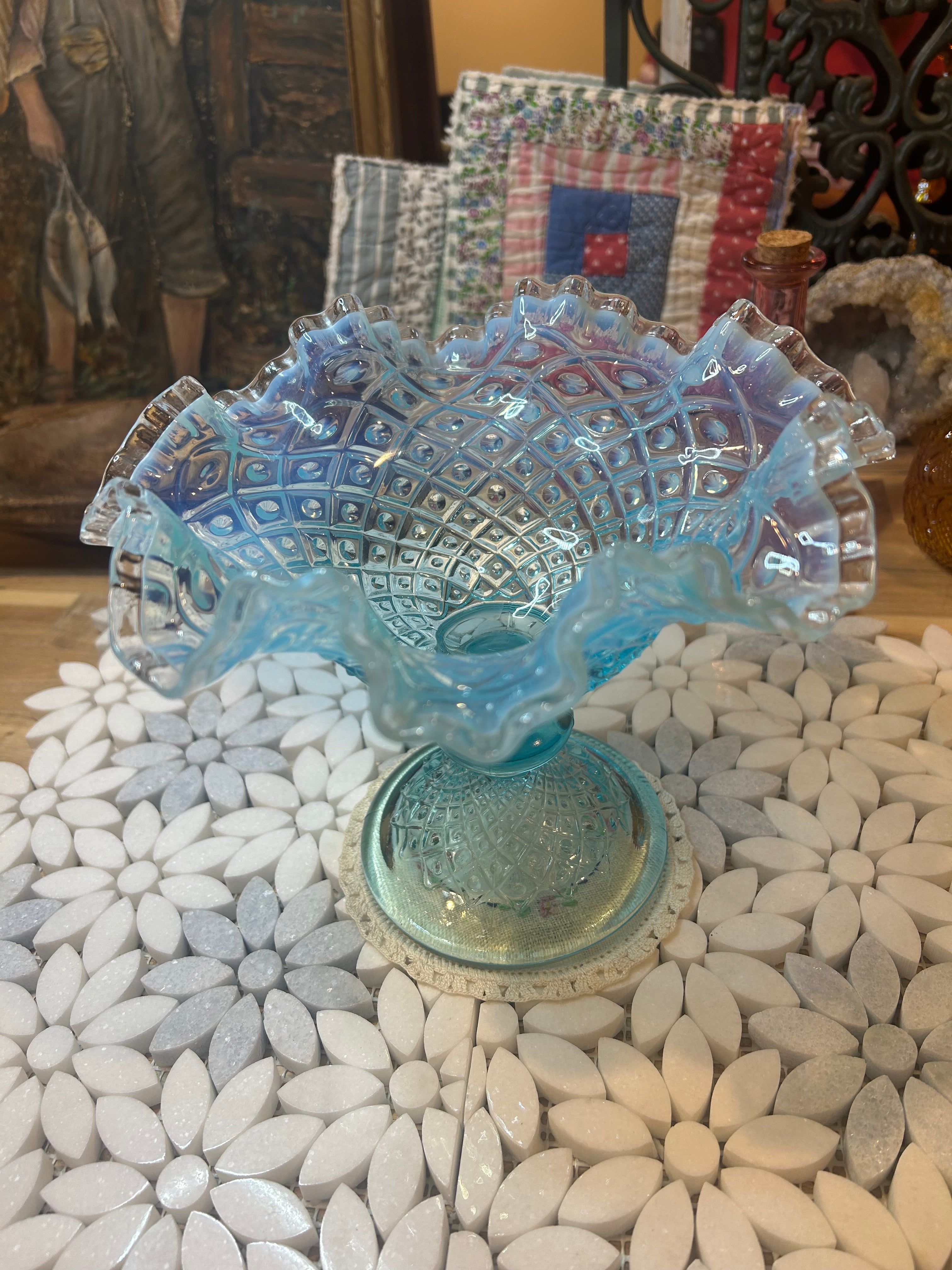 Fenton Diamond Lace Blue Opalescent Glass Compote