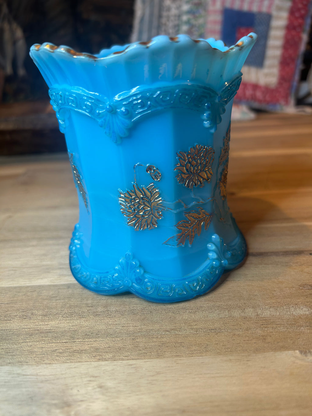 Northwood Blue Custard Glass Spooner with Gold Chrysanthemum Sprigs