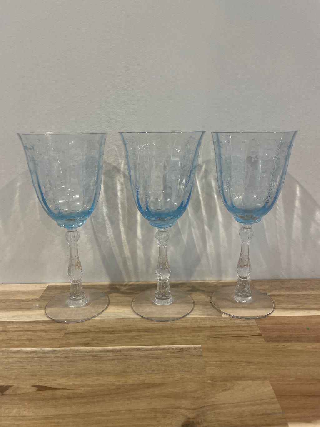 Set of 3 Fostoria Navarre Blue Water Goblet Etched Glass