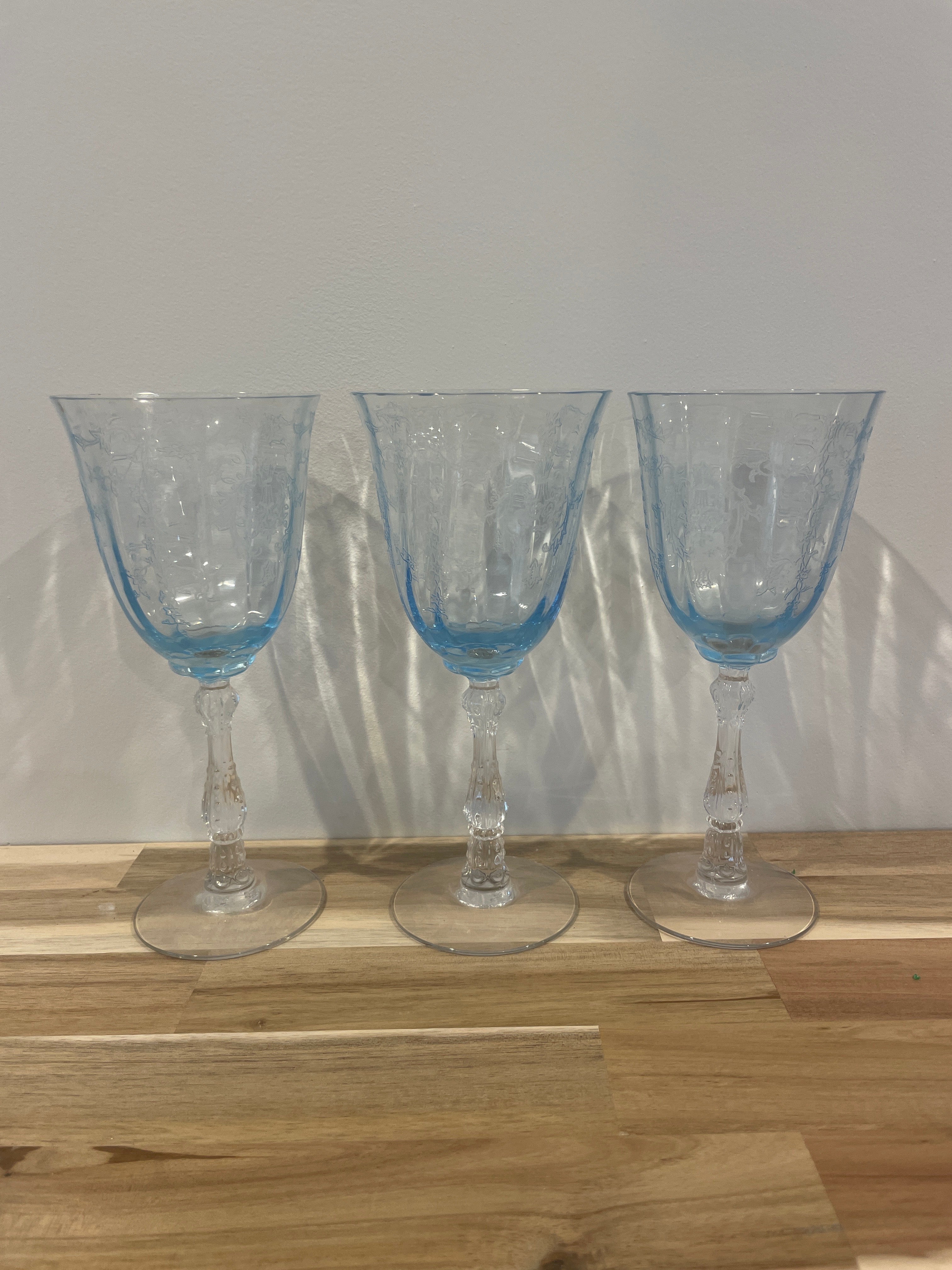Set of 3 Fostoria Navarre Blue Water Goblet Etched Glass