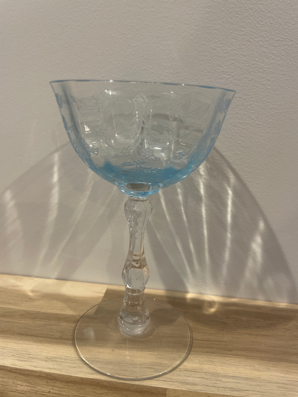 Vintage Set Of 2 Fostoria Navarre Blue Crystal Etched Sherbet / Champagne Glasses