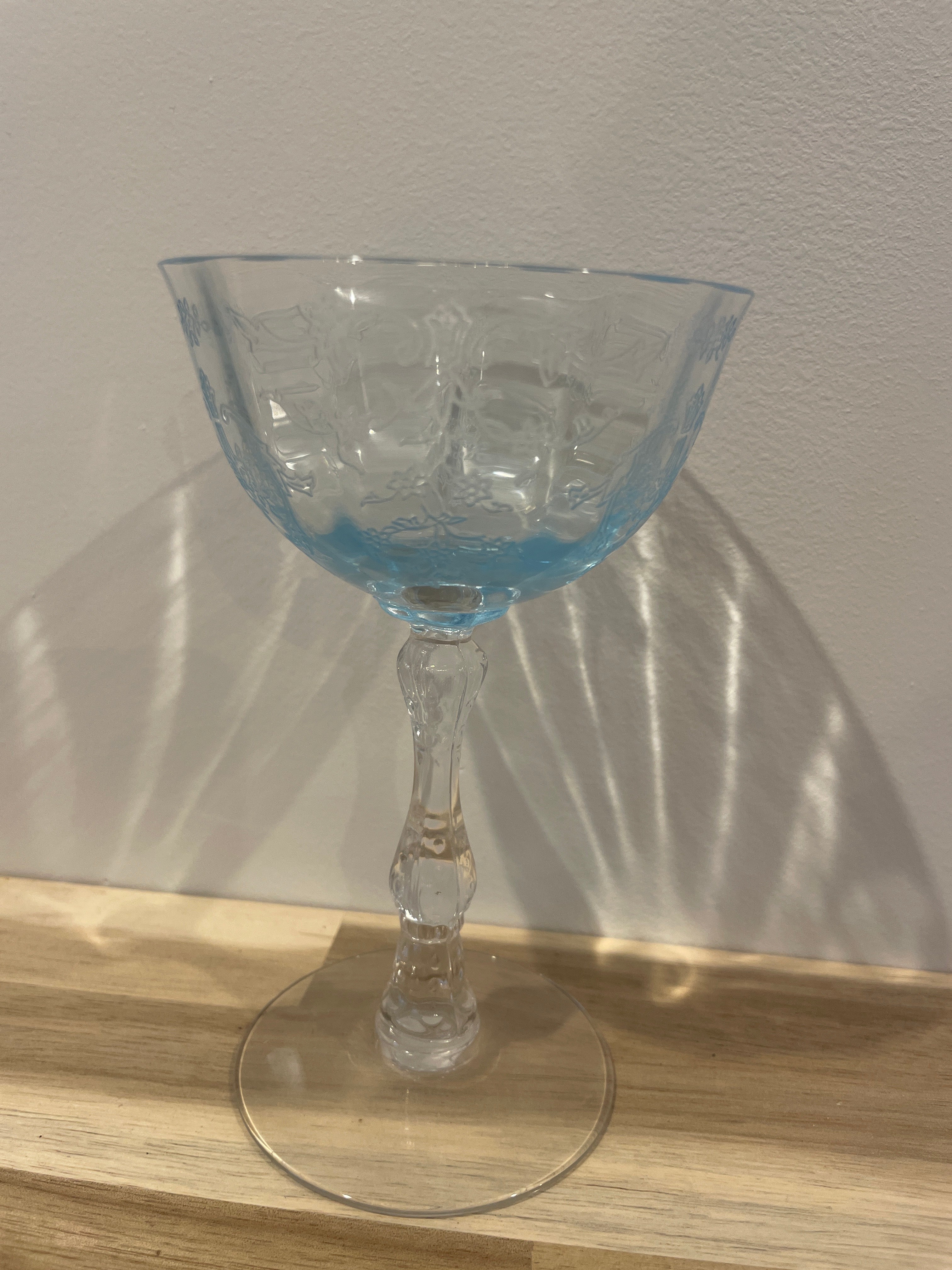 Vintage Set Of 2 Fostoria Navarre Blue Crystal Etched Sherbet / Champagne Glasses