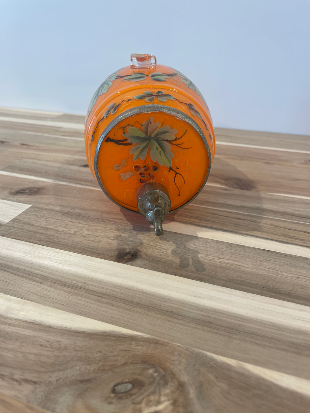 Vintage Italian Glass Whiskey Barrel Dispenser Hand Painted Grapes