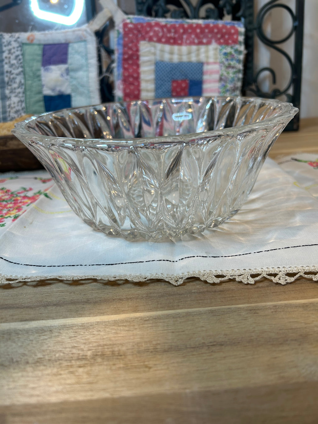 Diamond Cut Clear Glass Serving Bowl Vintage